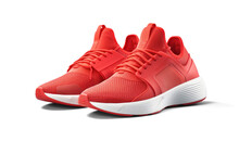 Red Running Sneakers Mockup, Png File Of Isolated Cutout Object With Shadow On Transparent Background.