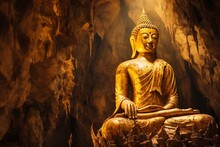 A Stunning Golden Buddha Statue At Wat Tham Seua (Tiger Cave Temple) In Krabi, Thailand. Generative AI