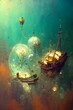 one 3D metallic spur gear gearbox wind turbine marine eolic park The way to water seven underwater grass beautiful submerged ship magical fortress ocean world dreamy lighting floating bubbles 