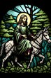 ultra cute jesus riding on a donkey in the foreststained glass 