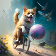a dog rides a bike while throwing eggs at a cat 
