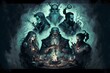 a swirling mist of seven evil gods the ancestors seven sins high fantasy illustration in the style of tarot 