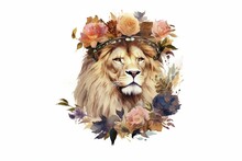 A Lion Sitting On A Rock With Flowers In Its Hair And A Wreath Of Flowers In Its Hair, With A White Background And A Circle Behind It, A White Background, With A. Generative AI