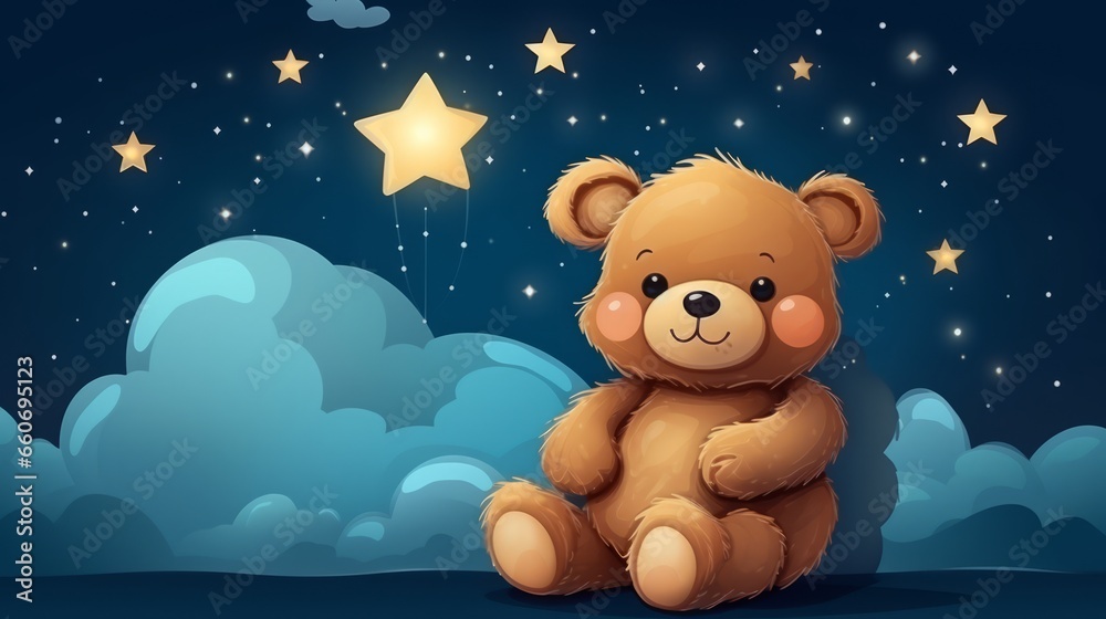 Charming Children's Illustration: Teddy Bear on a Cloud Amidst a Starry ...