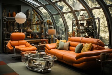 sci-fi living room with vintage gadgets and space - age decor