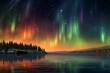 Starry night sky with meteor shower over a shimmering lake, enchanting landscape beneath glowing northern lights. Generative AI