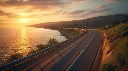 Wall Mural - highway landscape at sunset, Beautiful seaside road view