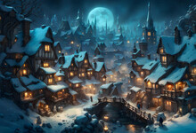 View Of A Fantasy Fairytale Medieval Town In Winter At Night With Ancient Timber Framed Buildings Covered In Snow A River And People In The Streets