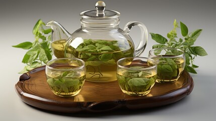 Canvas Print - Hot tea in glass teapot and glass cups and fresh leaves with natural steam on white background