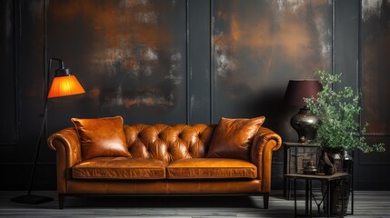 Canvas Print - Interior living room wall with leather sofa and decor