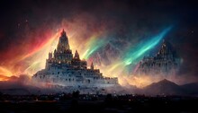 Tall Ancient City With Colorful Light Emanating From Inside It Built Into A Giant Mountain Elaborate Northern Lights Of All Colors Above It Long Exposure Concept Art Minas Tirith Gondor Painterly 