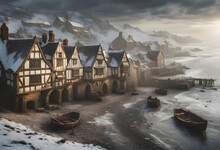 Fantasy Medieval Seaside Town In Winter With Ancient Timber Framed Buildings Covered In Snow And Fishing Boats