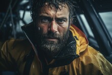 A Wet Skipper In A Uniform At The Helm During A Severe Storm