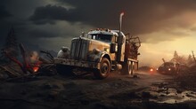 Old Truck With Dark Cloudy Sky