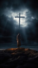 Concept photo of the skies darkening and a storm brewing as Jesus takes his final breath on the cross, signifying his death.