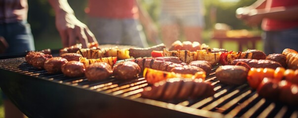 Wall Mural - Closeup of a group of men grilling burgers and hot dogs on a small barbecue, the delicious scent wafting through the air and enticing everyones aps.