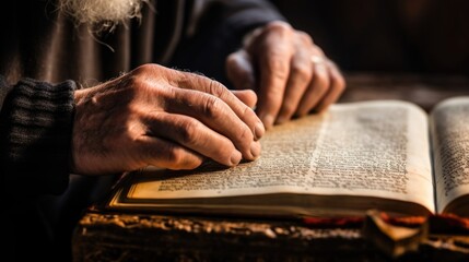 Closeup of a persons fingers delicately touching the pages of an open religious text, their eyes closed in contemplation of the sacred words and teachings within.