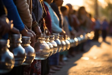 Closeup of a line of people waiting patiently to fill their containers with the sacred water. Each person carries a different expression, some filled with hope, while others with gratitude