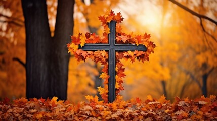 Concept photo of a Cemetery Cross, framed by the vibrant colors of autumn leaves. The crosss wooden material and intricate design add a sense of warmth and comfort to the otherwise solemn