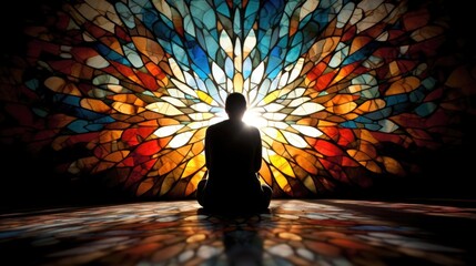 Wall Mural - Concept photo of a person kneeling in front of a stained glass window, the light from the colorful pieces illuminating their face as they seek guidance and perseverance through prayer.