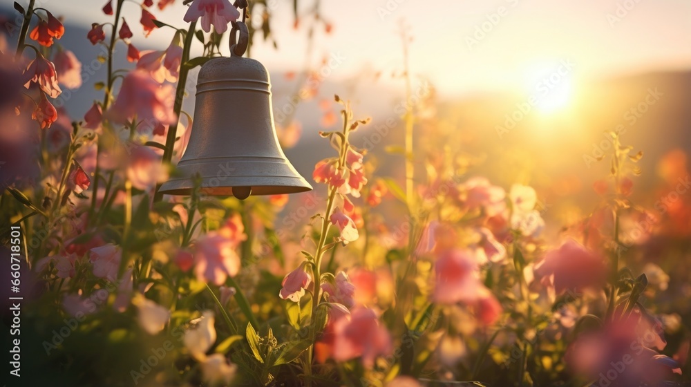 A dreamy shot of church bells ringing in a field of wildflowers ...