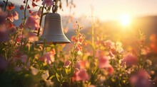 A Dreamy Shot Of Church Bells Ringing In A Field Of Wildflowers, Harmonizing With The Beauty Of Nature And Embracing All Who Hear It In A Spiritual Embrace.