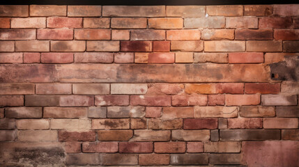 Wall Mural - Closeup of a weathered brick facade, showcasing a beautiful contrast of deep maroon bricks and patches of light peach, creating a visually stunning and textured display.
