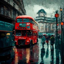 Oil Paint Streetview Of Square In London Rainy Day Lots Of Trafic And Red Bus Intricate And Detailed Design Nostalgic Feel 8k 