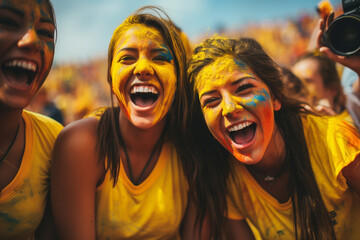 Wall Mural - Female fans of soccer, women on the stand of soccer, supporting their favorite team, emotions joy laughter and shouts of joy and support fan club