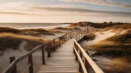 Wall Mural - panorama of sand dunes along the Sea, the feel of an old wooden bridge