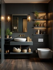 Wall Mural - modern minimalist bathroom with washbasin and toilet bowl in dark grey color