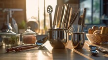 Stainless Steel Kitchen Utensils And Utensils On The Kitchen Table