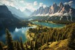 Bird's-eye view of Lago Antorno, Dolomites, picturesque lake surrounded by glorious alpine peaks near Misurina, Cortina d'Ampezzo, Italy. Generative AI