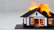 一戸建て住宅のミニチュア模型、 火事、燃える家｜A Miniature Model Of A Detached House. Fire. Burning House. Generative AI