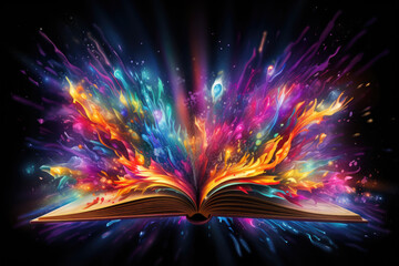 Open book with colorful lights emanating from its pages. This image can be used to represent creativity, imagination, education, and magic.