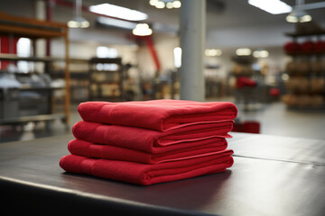 Poster - Neat stack of vibrant red towels placed on top of table. Ideal for use in hotels, spas, or any setting that requires clean and fresh lines.