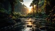 Waterfall in tropical forest isolated on sunset background