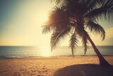 Fototapeta Morze - Silhouetted palm tree against sun, sand, and beach retro color background. Summer getaway idea. Generative AI