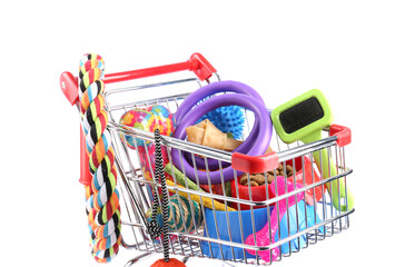 Wall Mural - Different pet goods in shopping cart isolated on white. Shop items