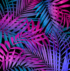 Sticker - Tropical leaves in neon colors on black background