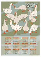 Calendar 2024. Cute Geese Vintage Style. Dated 12 Month Calendar. Print-ready A3 Format. Flat Vector Illustration