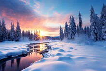 Stunning Beauty Of Winter Nature With Snow During The Holiday Season. Merry Christmas And Happy New Year Concept