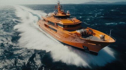 Sticker - A huge orange boat navigating rough water.