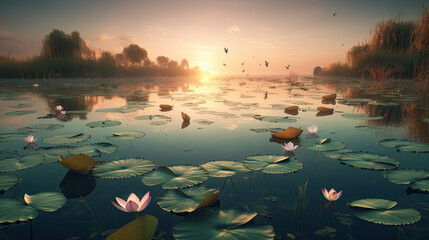 A serene lake into a mesmerizing scene with levitating lily pads and reflective butterflies