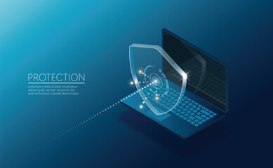 Poster - Cyber security protection for safety laptop. Shield on dark blue background. Isometric vector.