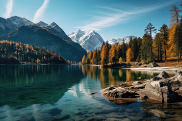  beautiful lake with forest and hills in the background the alps