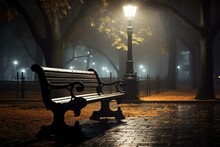 Park Bench On Misty Rainy Night. Generative AI