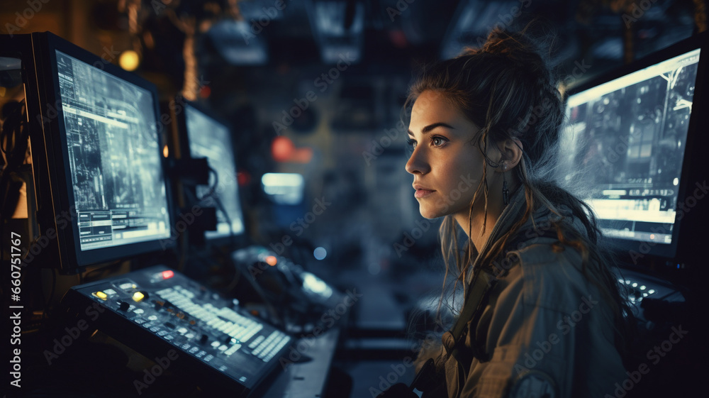 Female Officer with uniform is operating at control panel in monitoring ...