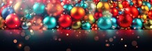 Colorful Christmas Ornament Balls Abstract Background. Holiday Cheerful Decorations. Rainbow Glass Bulbs Wallpaper X-mas Texture Pattern.