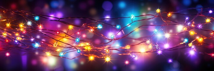 Wall Mural - Abstract strand of color Christmas lights. Holiday background wallpaper. Sparkle celebration bulbs. Glowing shiny neon lamp.